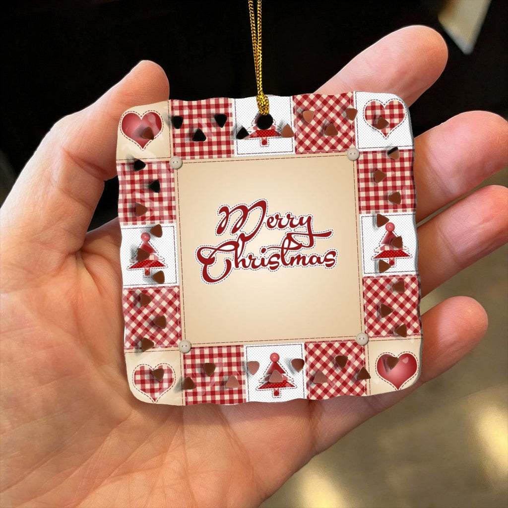 Christmas Patchwork Design Cutout Square Ceramic Ornament