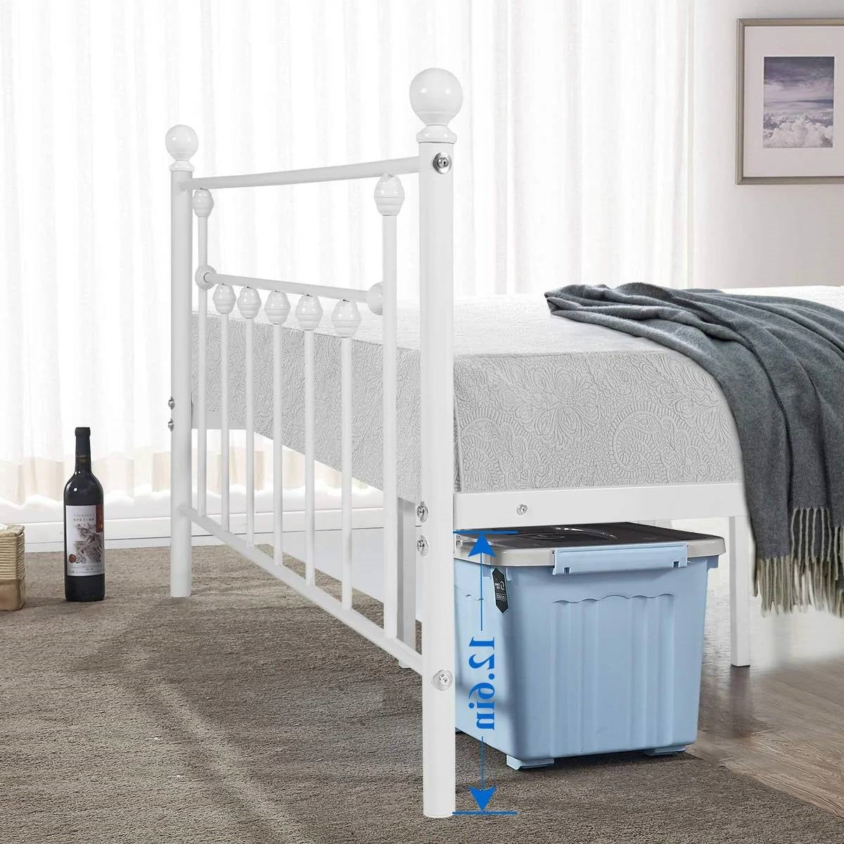 Queen size Vintage Style White Metal Platform Bed Frame with Headboard Footboard