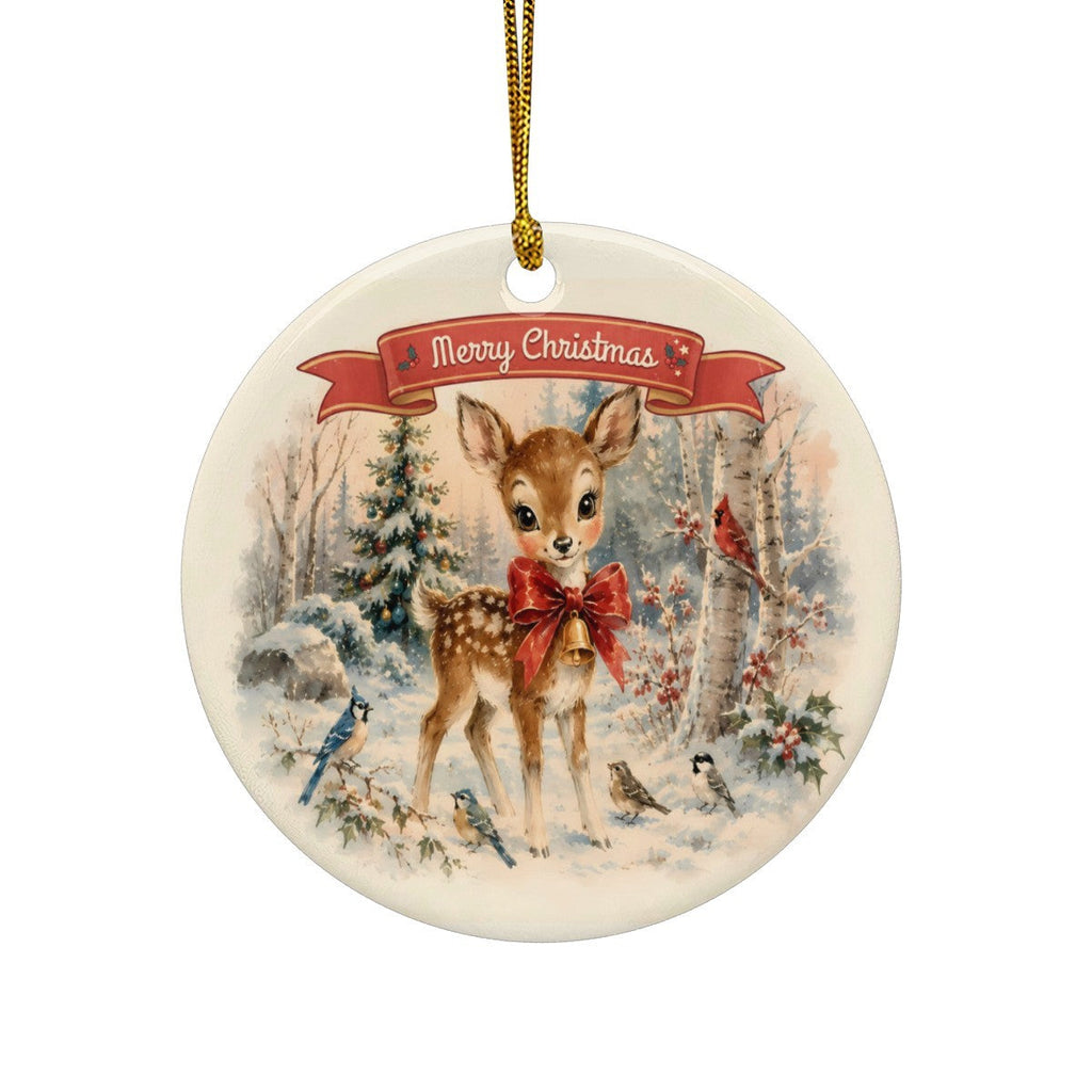 Vintage Adorable Deer Christmas Design Round Ceramic Ornament