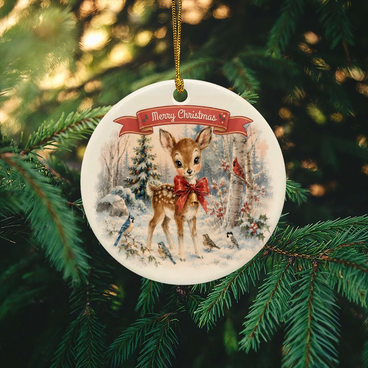 Vintage Adorable Deer Christmas Design Round Ceramic Ornament