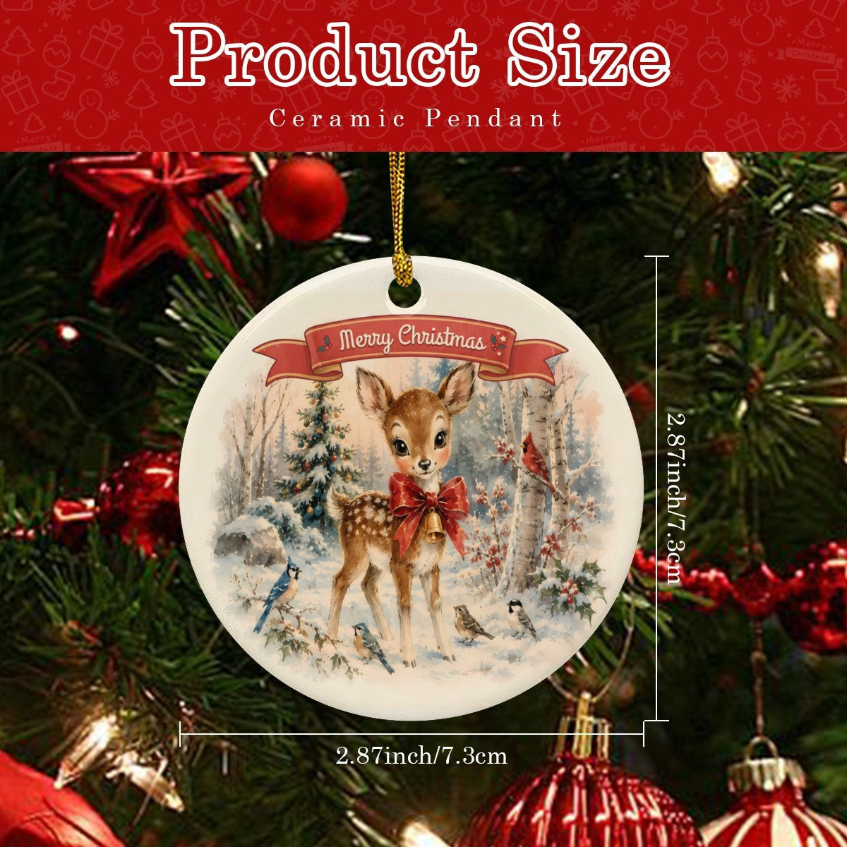Vintage Adorable Deer Christmas Design Round Ceramic Ornament