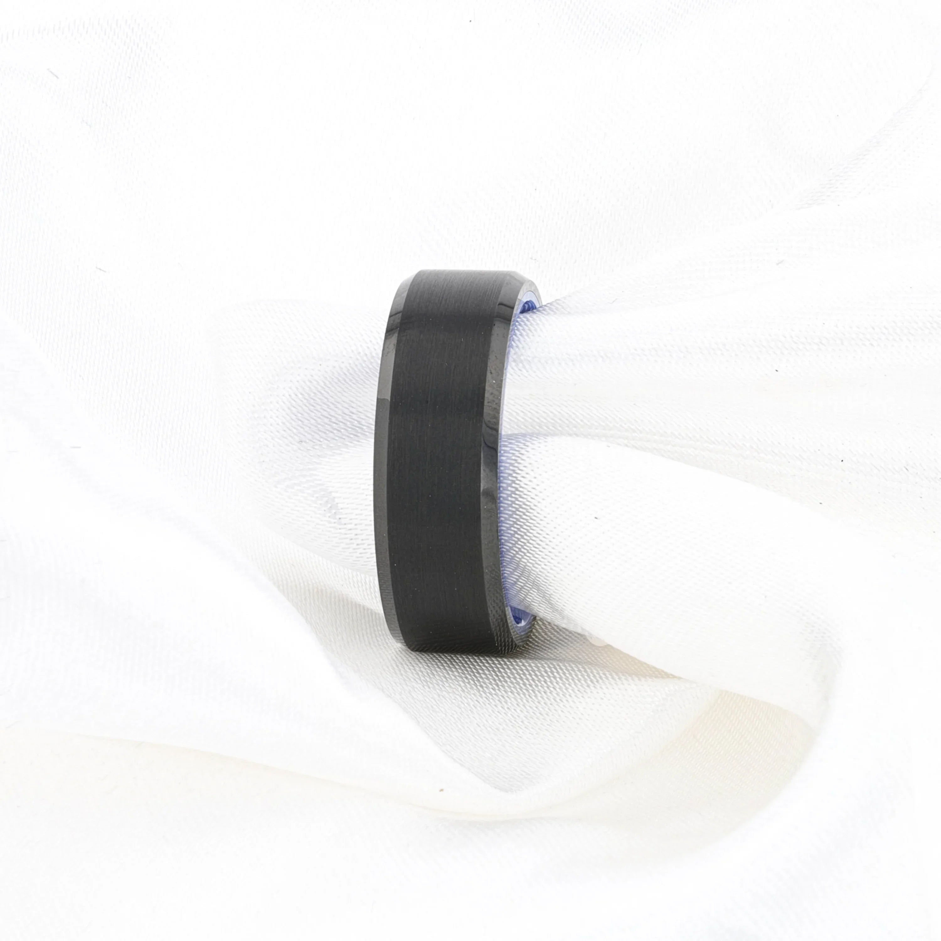 RIGEL Black Tungsten Carbide Ring – Flat Brushed Center, Polished Beveled Edges, Blue Ceramic Interior (6mm & 8mm)