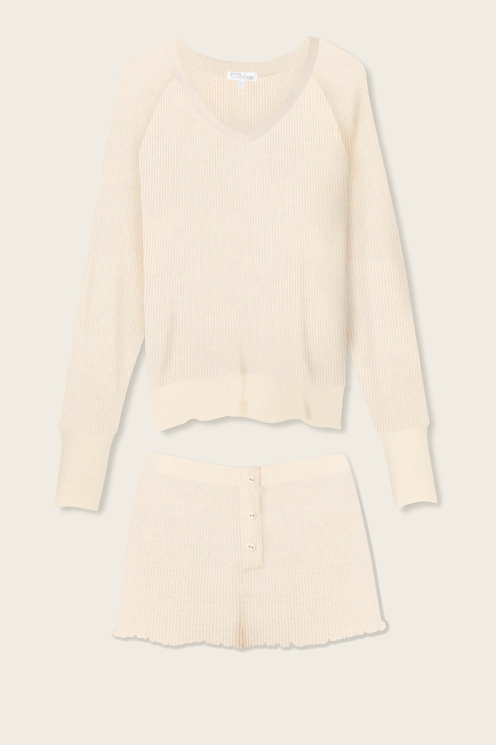 Textured Essentials Stone Short Long Sleeve Lounge Set