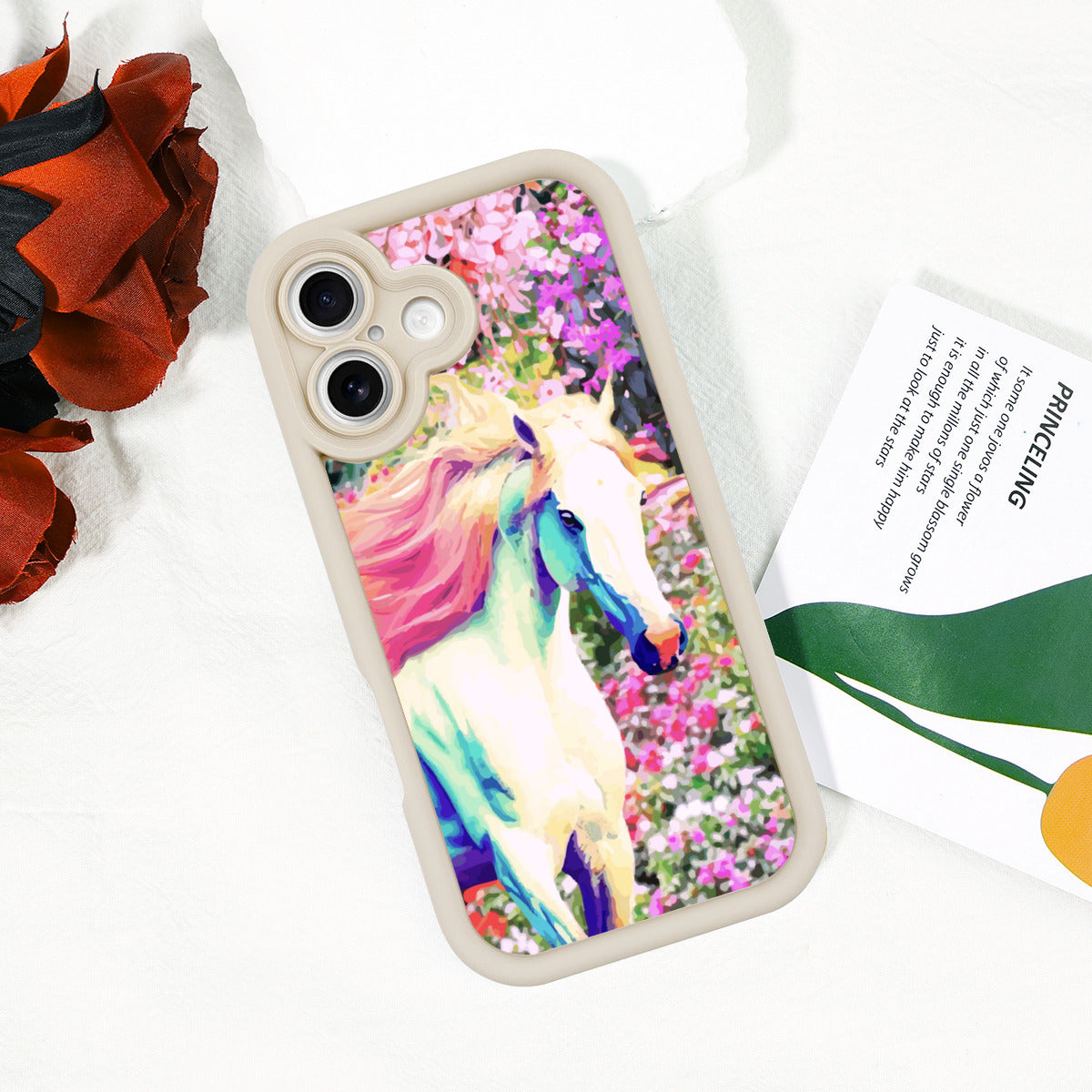 White Horse with Floral Background iPhone 16 Mobile Phone Case