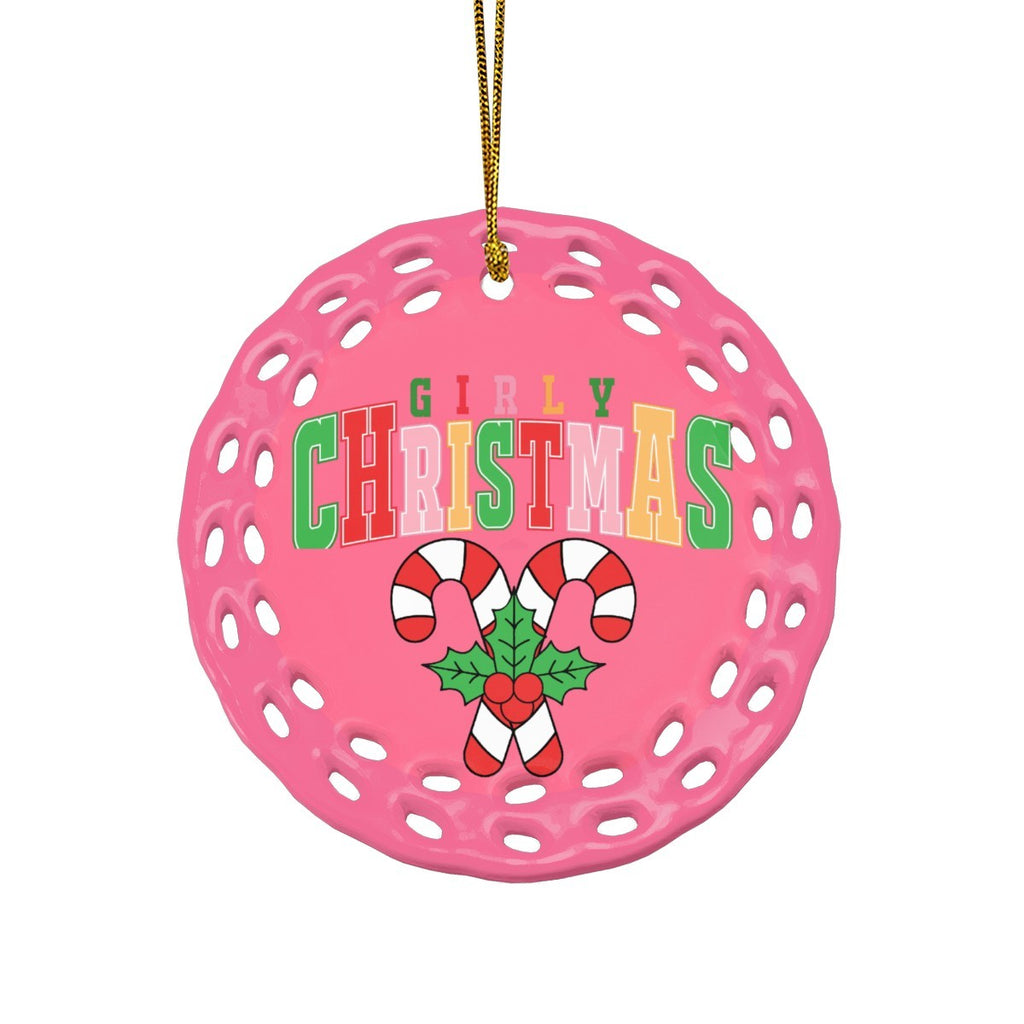 Pink Girly Christmas Round Cutout Ceramic Ornament