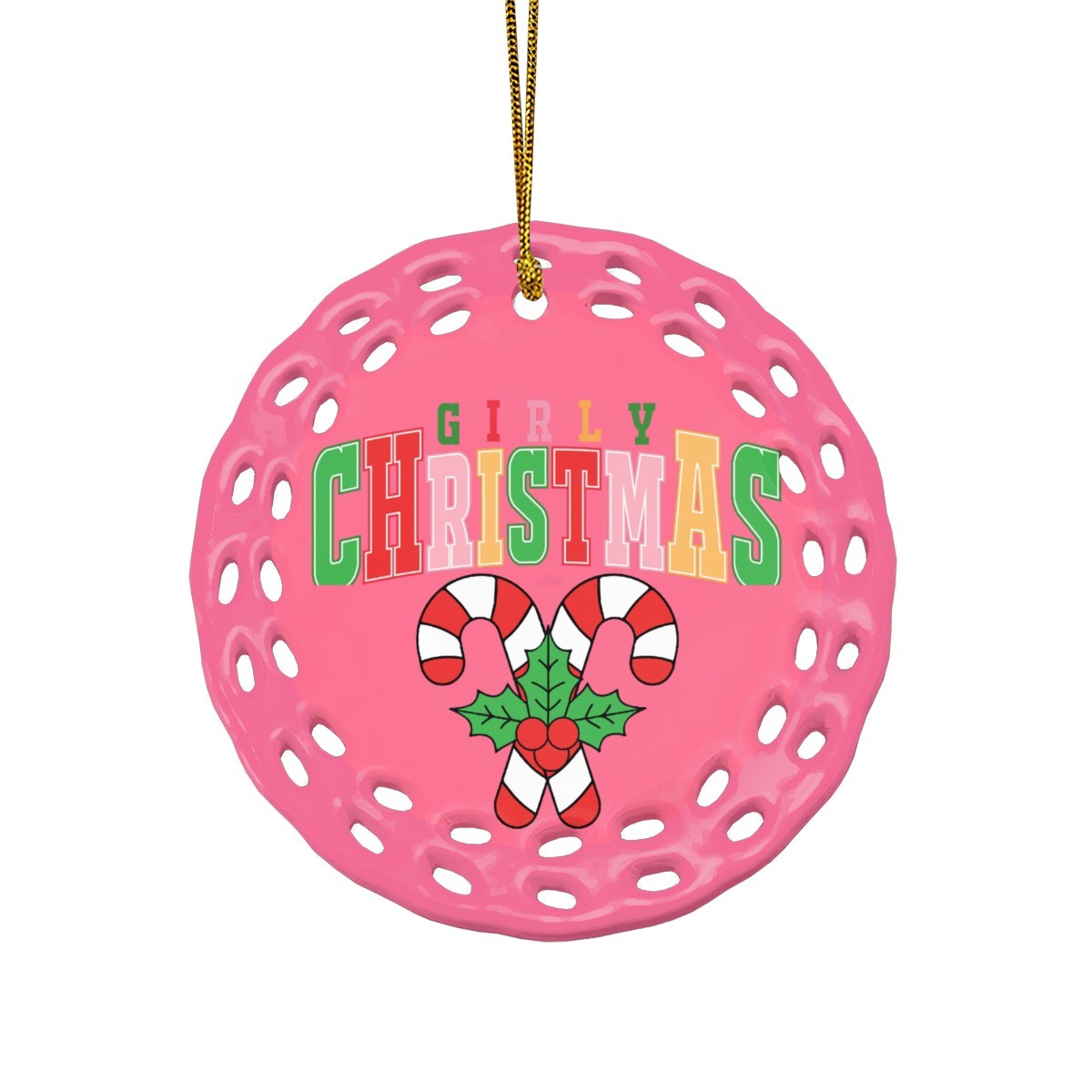 Pink Girly Christmas Round Cutout Ceramic Ornament