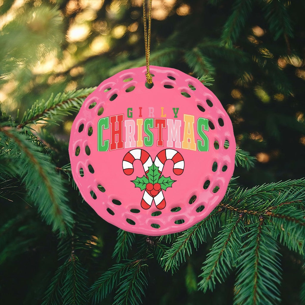 Pink Girly Christmas Round Cutout Ceramic Ornament