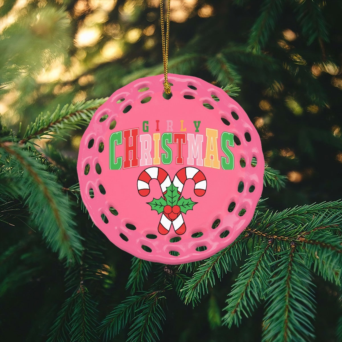 Pink Girly Christmas Round Cutout Ceramic Ornament