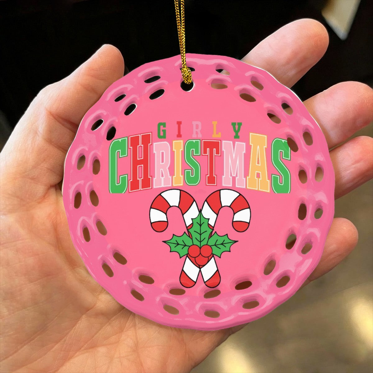 Pink Girly Christmas Round Cutout Ceramic Ornament