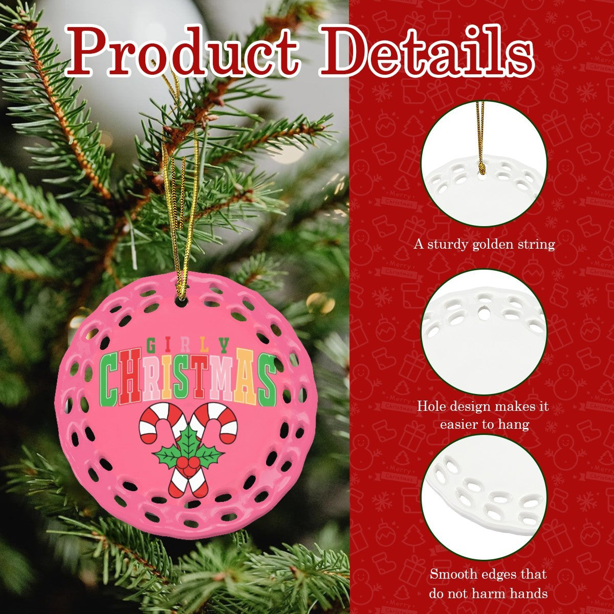 Pink Girly Christmas Round Cutout Ceramic Ornament