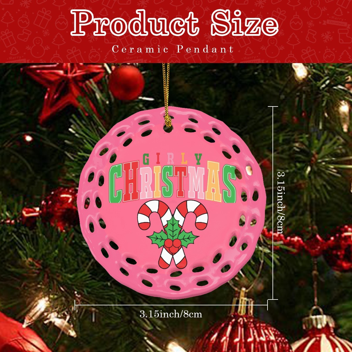 Pink Girly Christmas Round Cutout Ceramic Ornament