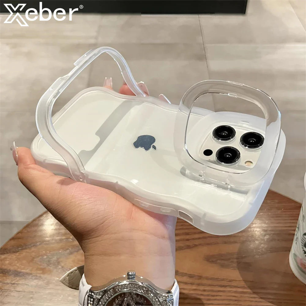 2IN1 Folding Stand Wave Clear Phone Case For iPhone