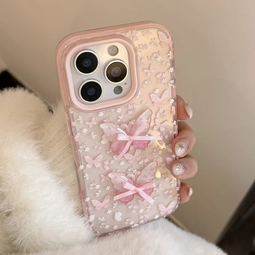 Korean Full Screen Flowers 3D Butterfly Bowknot Soft Phone Case For iPhone