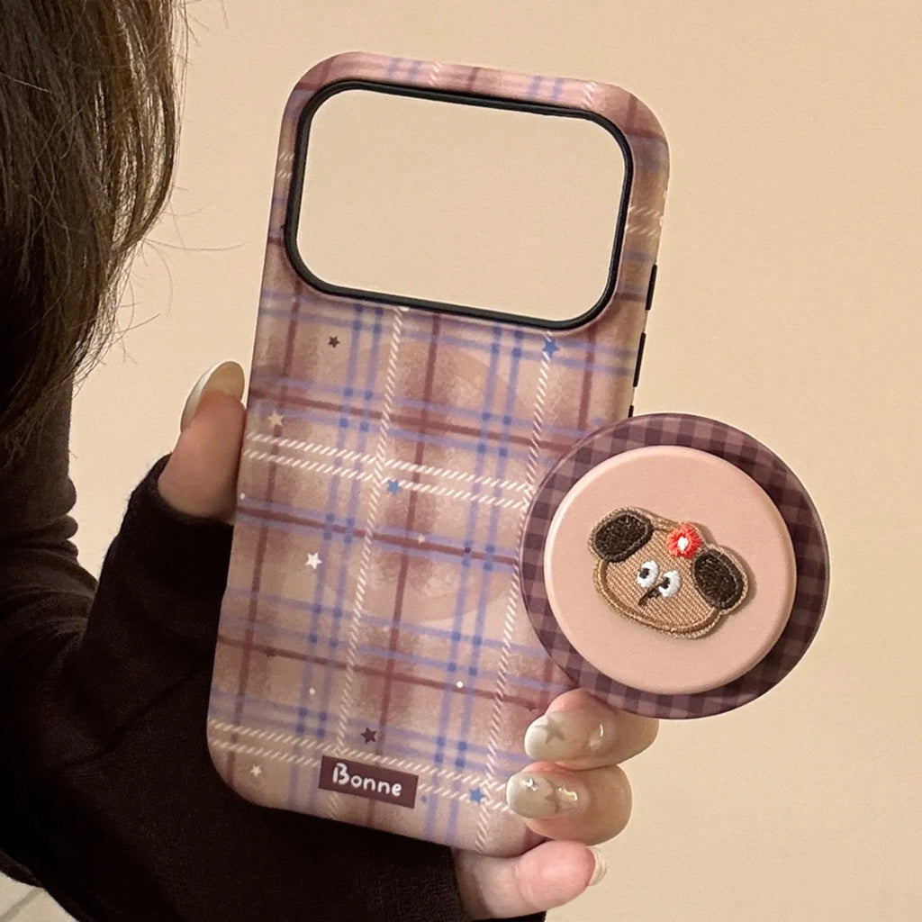 Cute Grid Pattern Cartoon Embroidery Puppy Bracket Magnetic Phone Case For iPhone