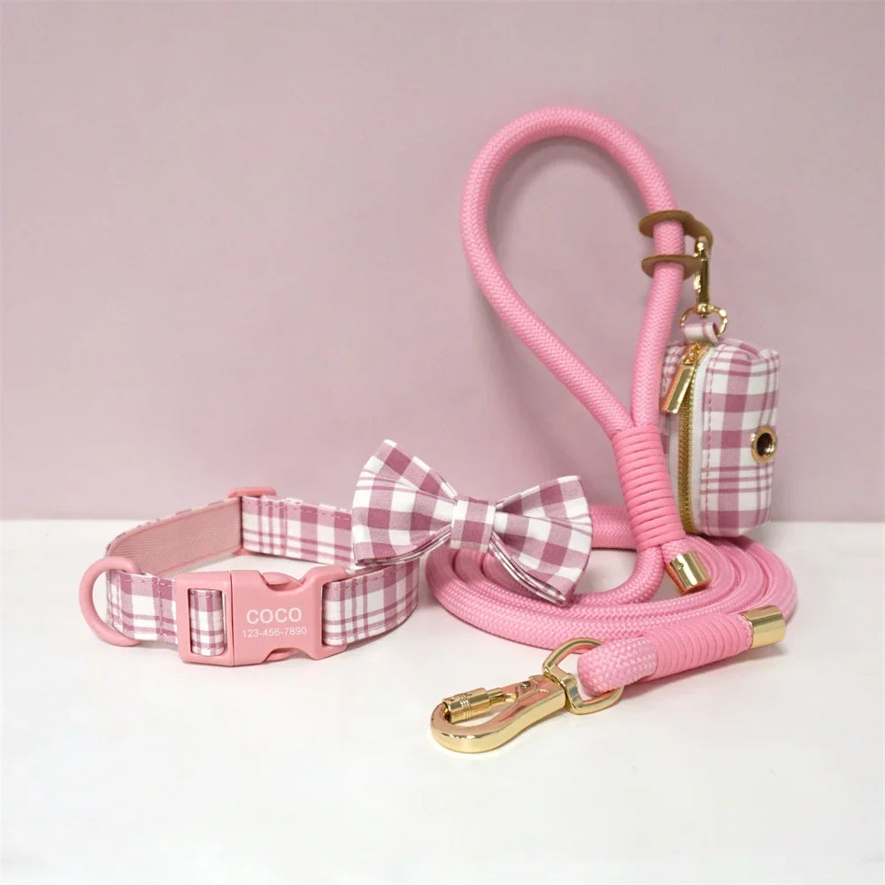 Luxury Bow Dog Collar Set | Cotton & Polyester | XS–XL | With Leash & Poop Bag