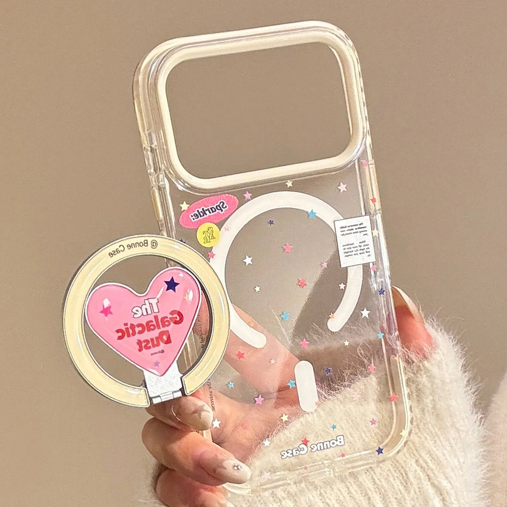 Korean Colorful Stars With Love Heart Bracket Magnetic Phone Case For iPhone