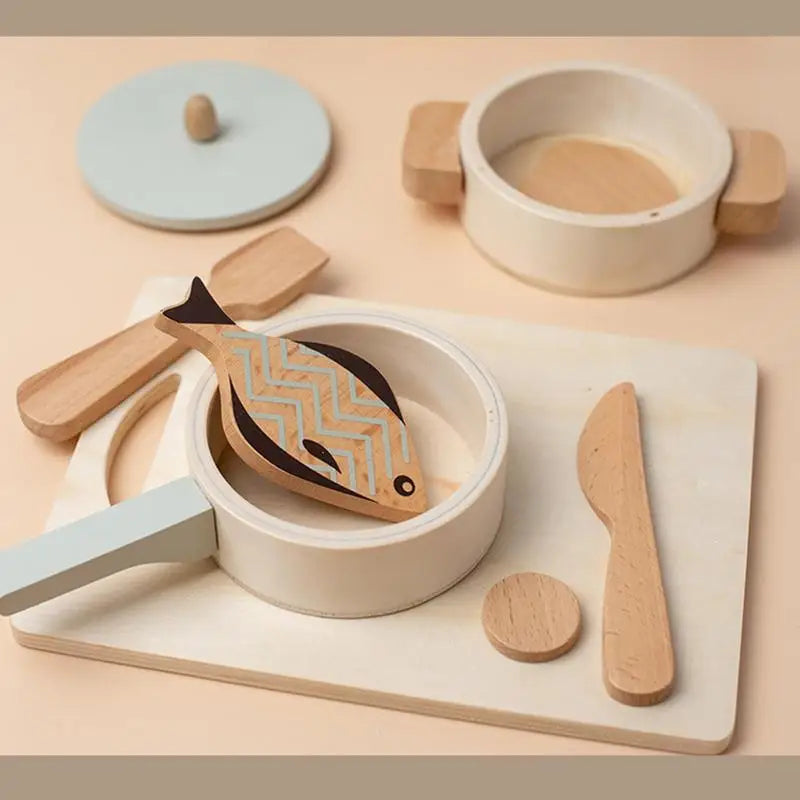 Kids Wooden Kitchen Playset – Pretend Cooking Pot and Pan Set