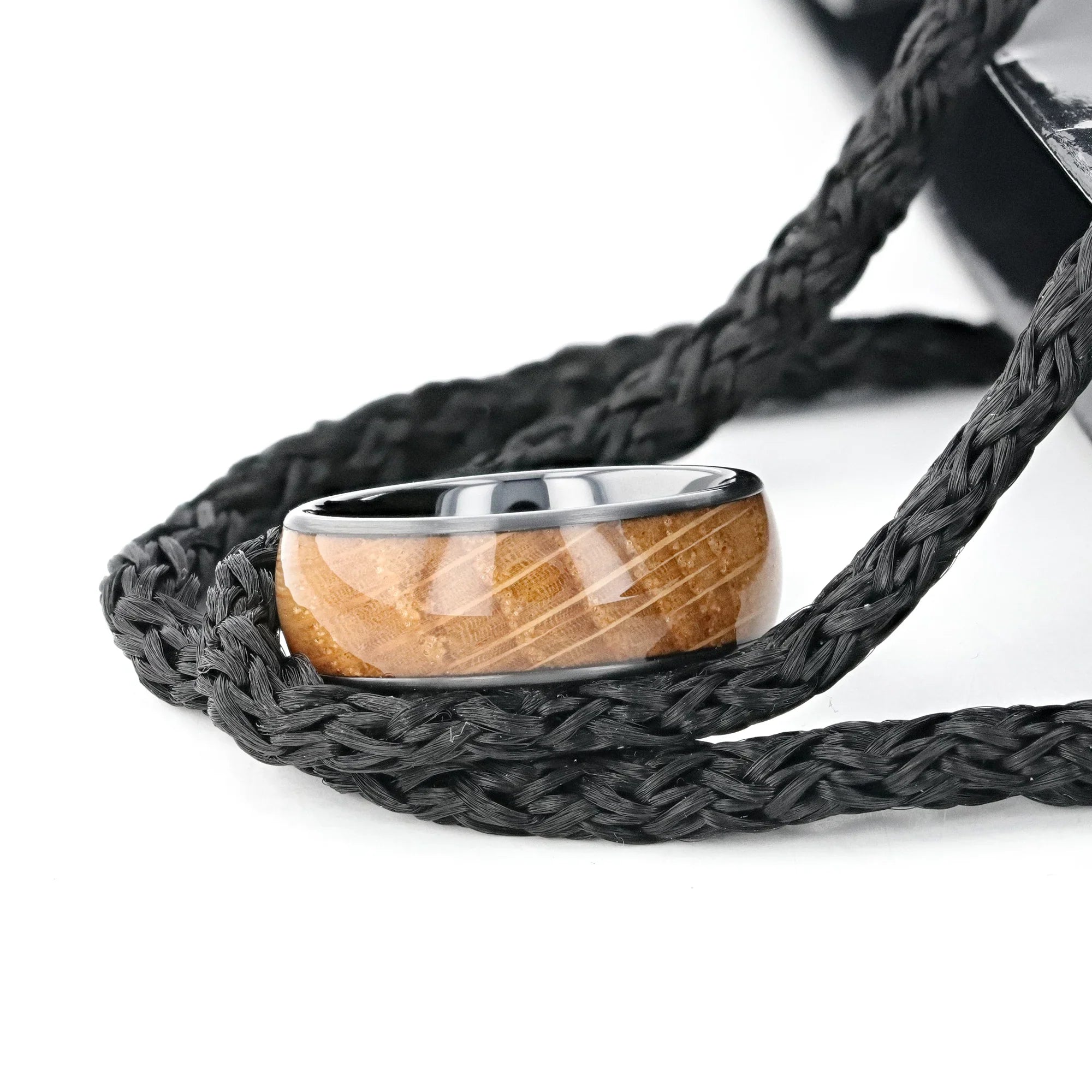SCOTCH Black Ceramic Ring with Whiskey Barrel Wood Inlay- 8mm