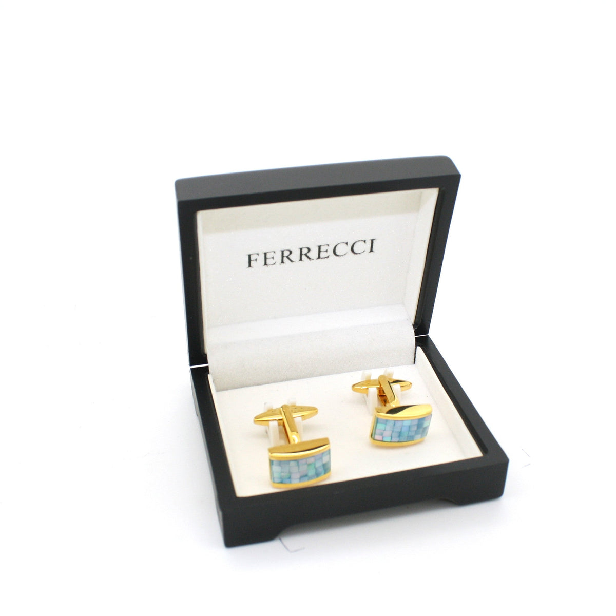 Goldtone Blue Shell Cuff Links With Jewelry Box