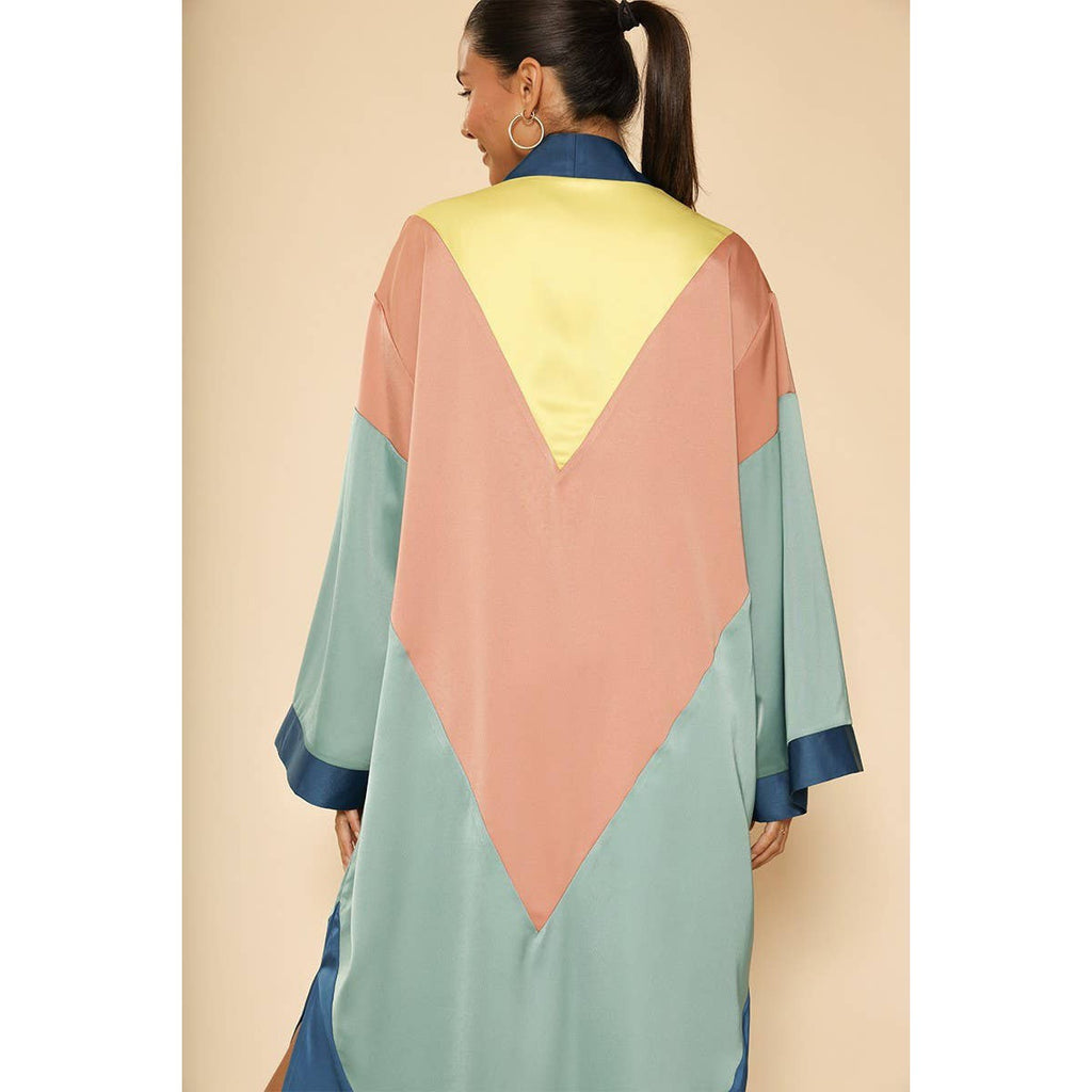 [SIZE L] Chevron Kimono Big Long Textured Satin Duster | Light Jacket, Outdoor Robe, Swimsuit Coverup