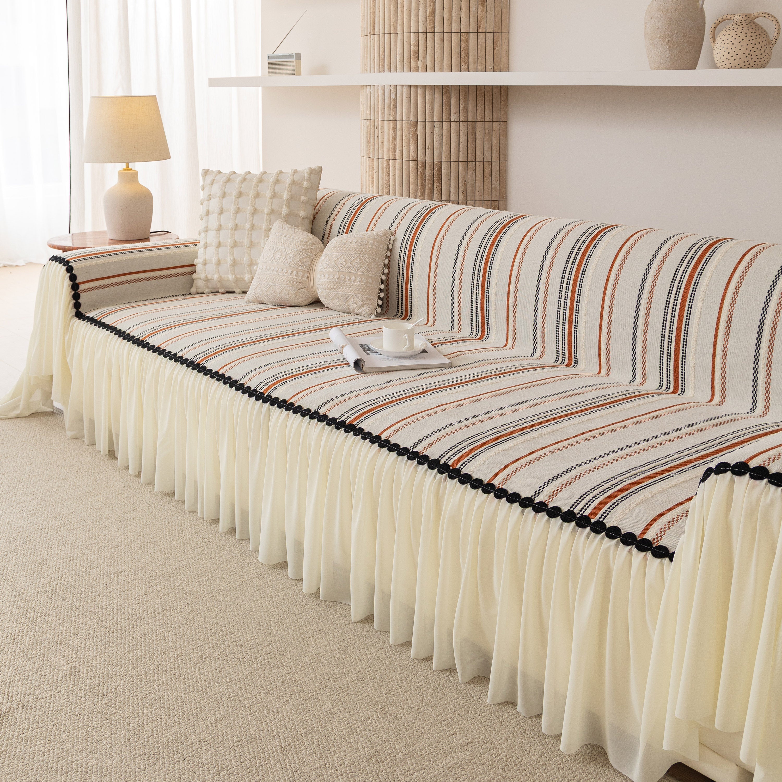 Boho Striped Couch Cover with Sheer Ruffle Skirt, Decorative Couch Throw Blanket