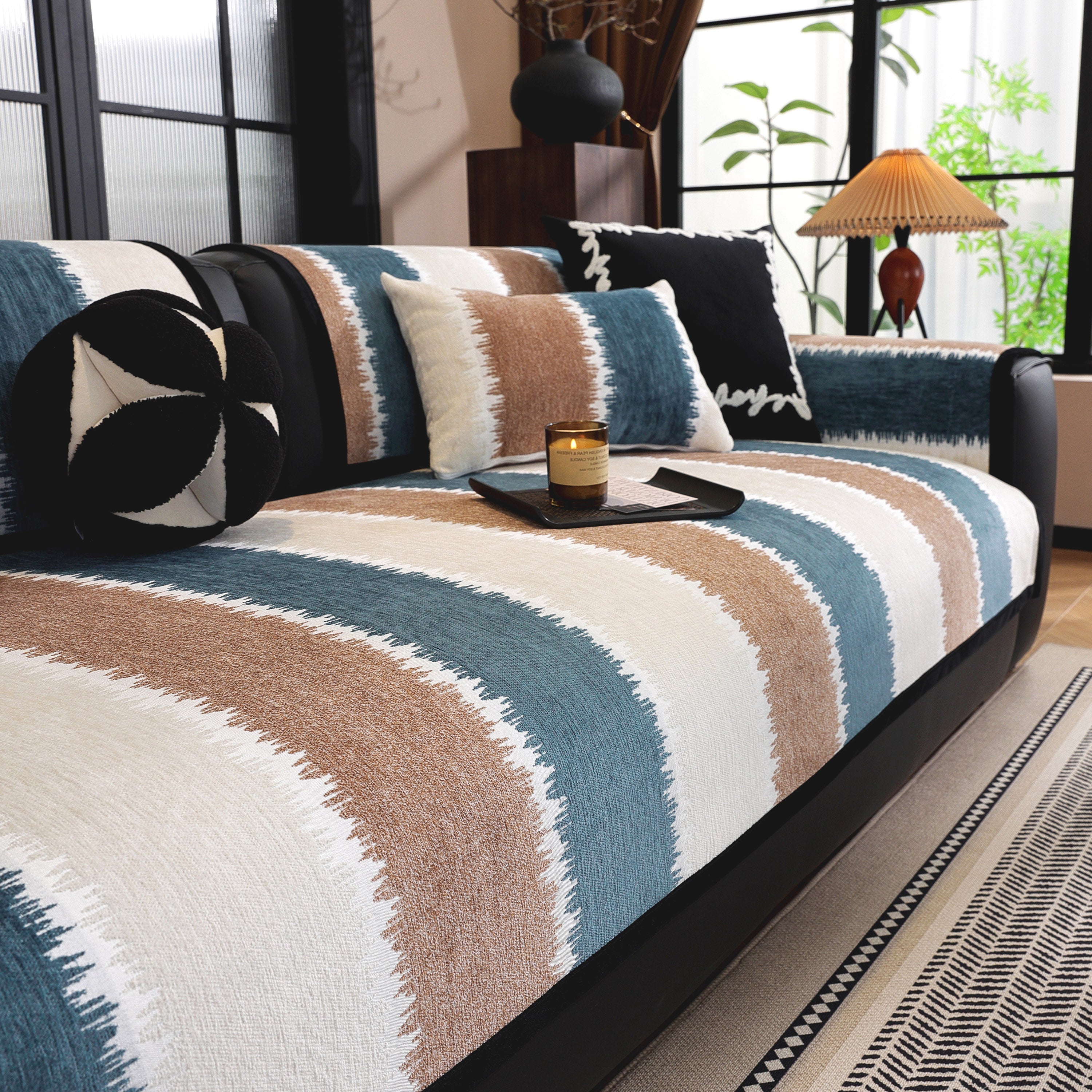 Striped Colorblock Non-Slip Sectional Couch Covers, Chenille Sofa Protector Cover