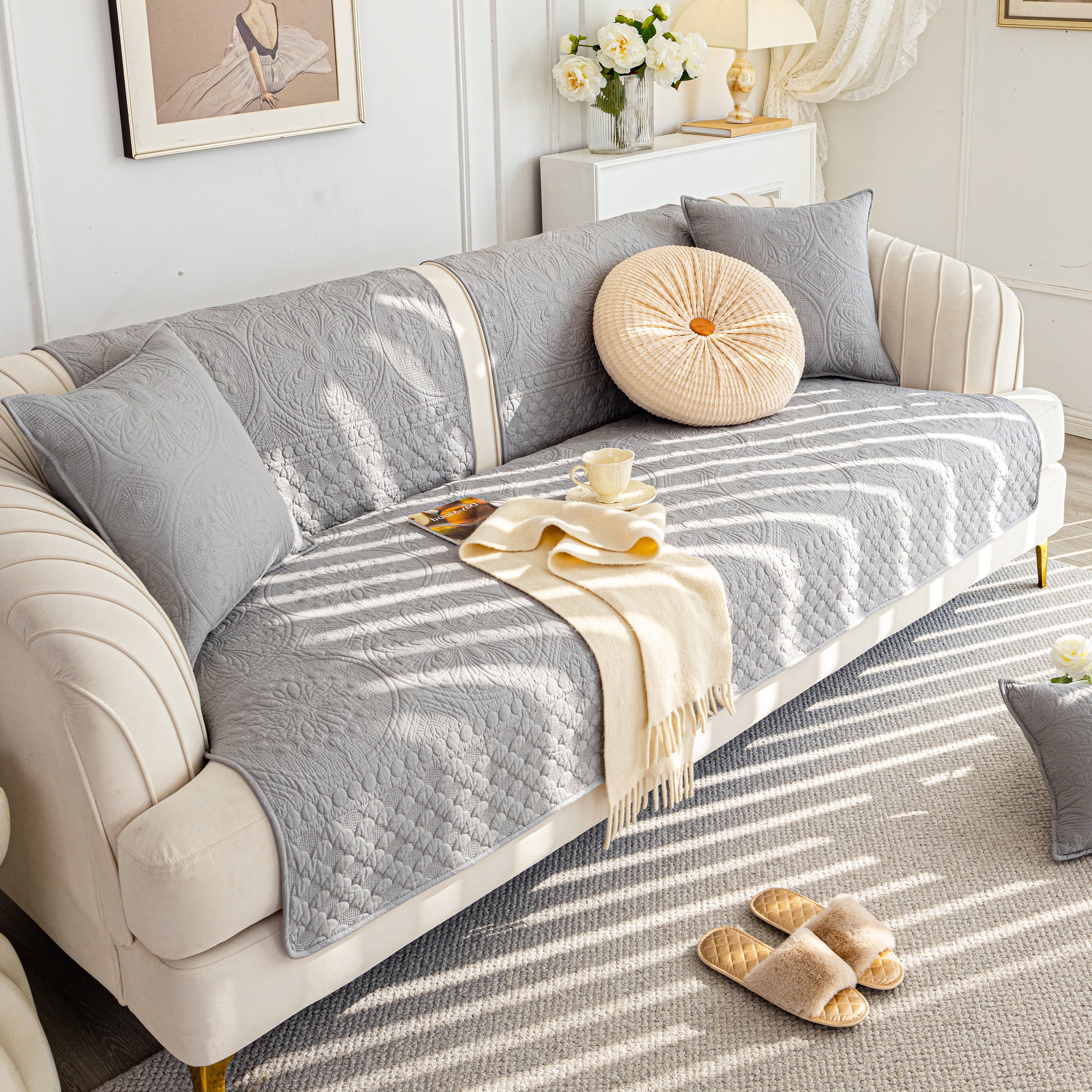 Cotton Quilted Sofa Cover, Non-Slip Couch Protector Fits Backrest, Seat & Armrest