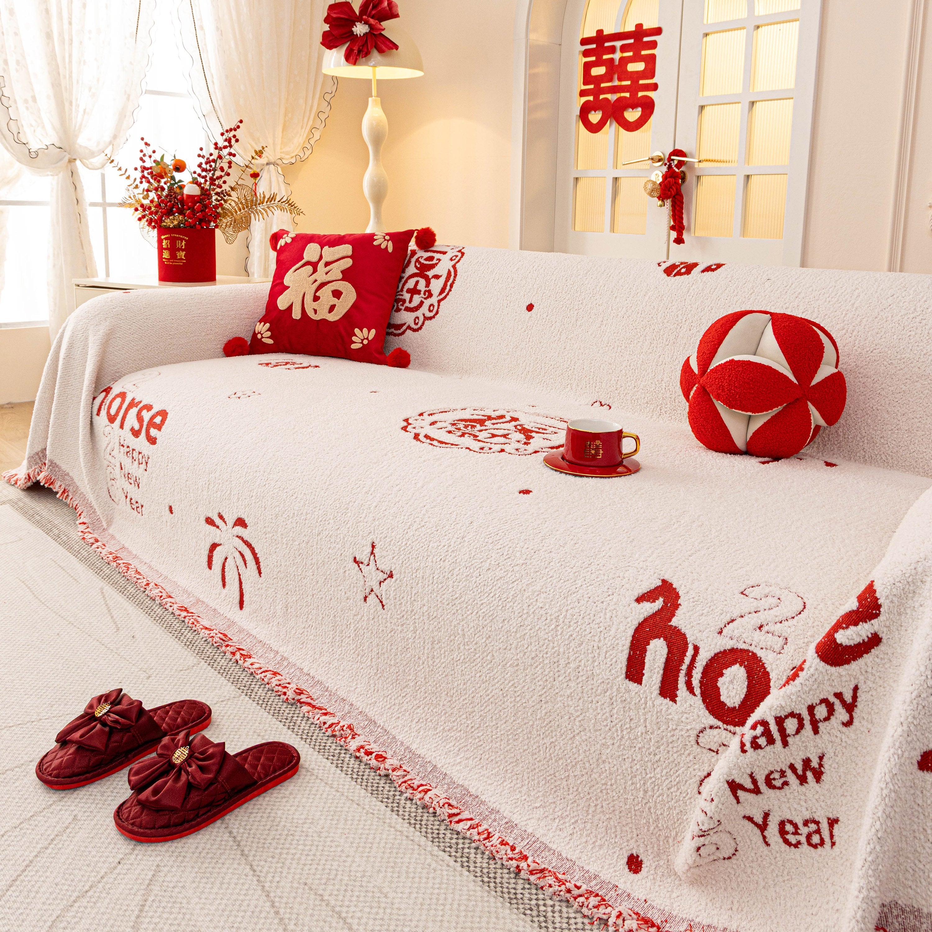 Chinese New Year Sofa Throw Cover Blanket, Decor Festive Red Fu Pattern Couch Cover
