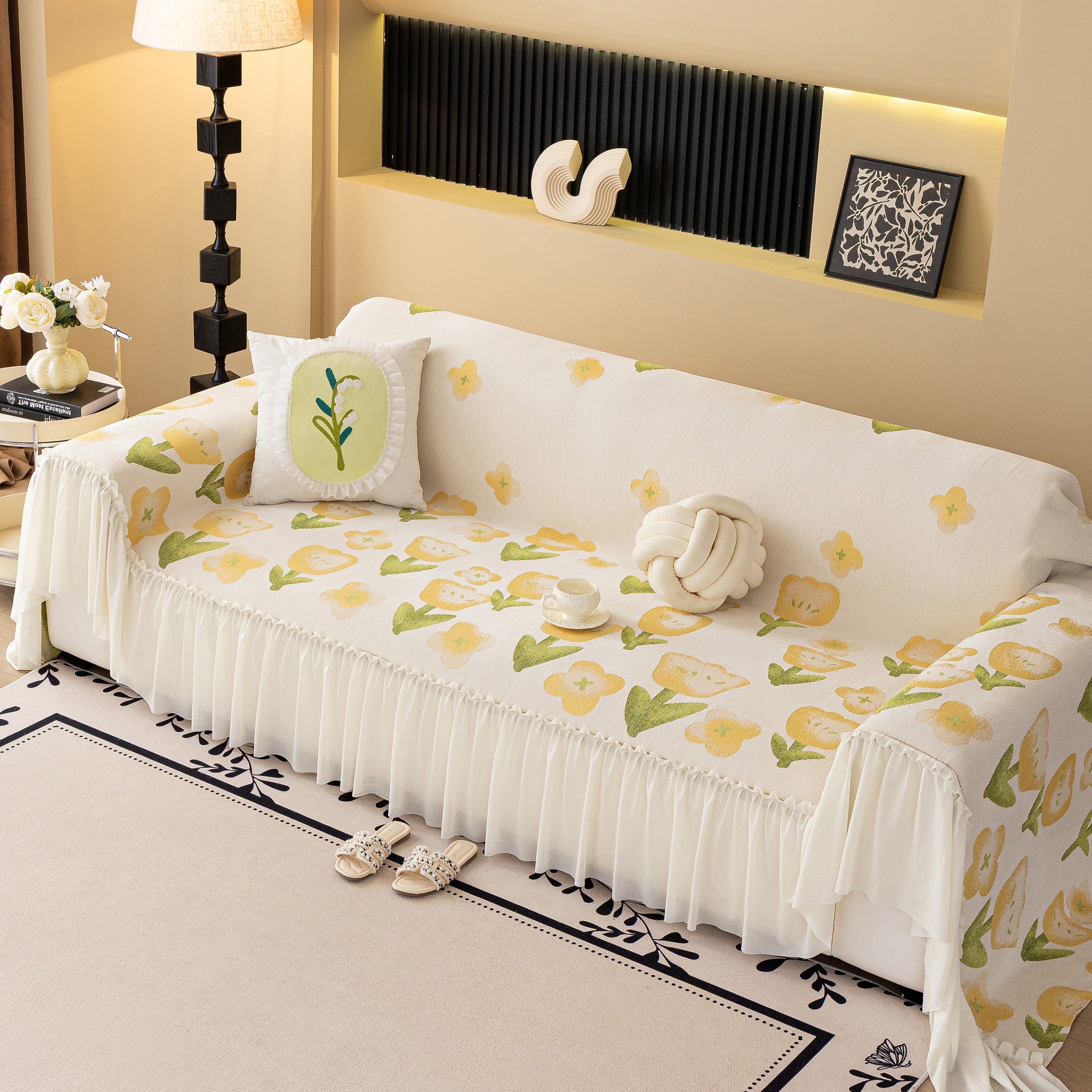 Ruffled Sweet Floral Sofa Cover with Skirt, Soft and Decorative Couch Throw Cover