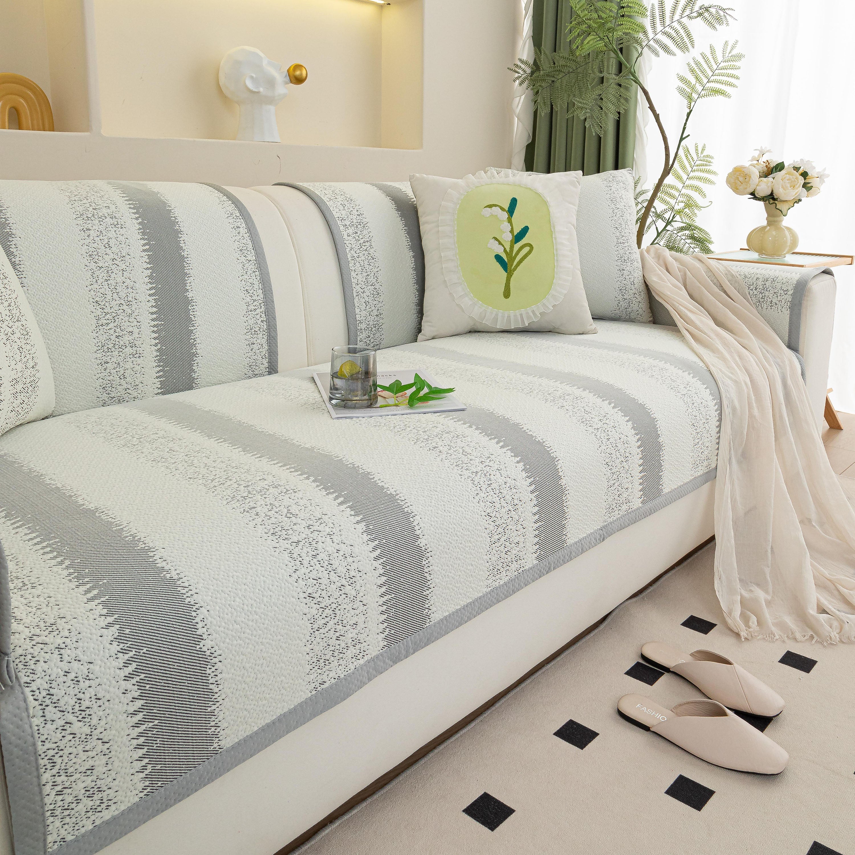 Striped Non-Slip Cooling Couch Cover, Summer Couch Pads for Seat Back Armrest