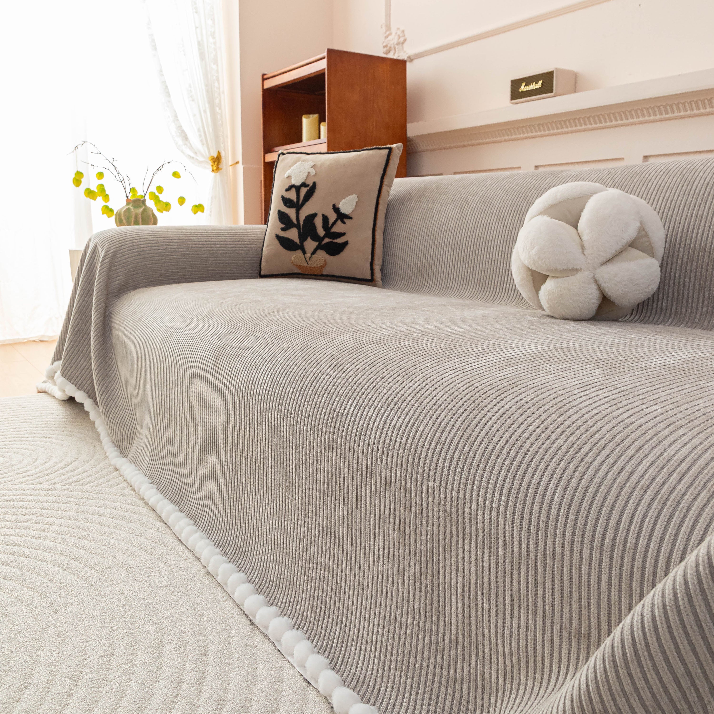 Textured Striped Cozy Couch Cover Throw Blanket with Pom Pom Trim for Sectional Sofa