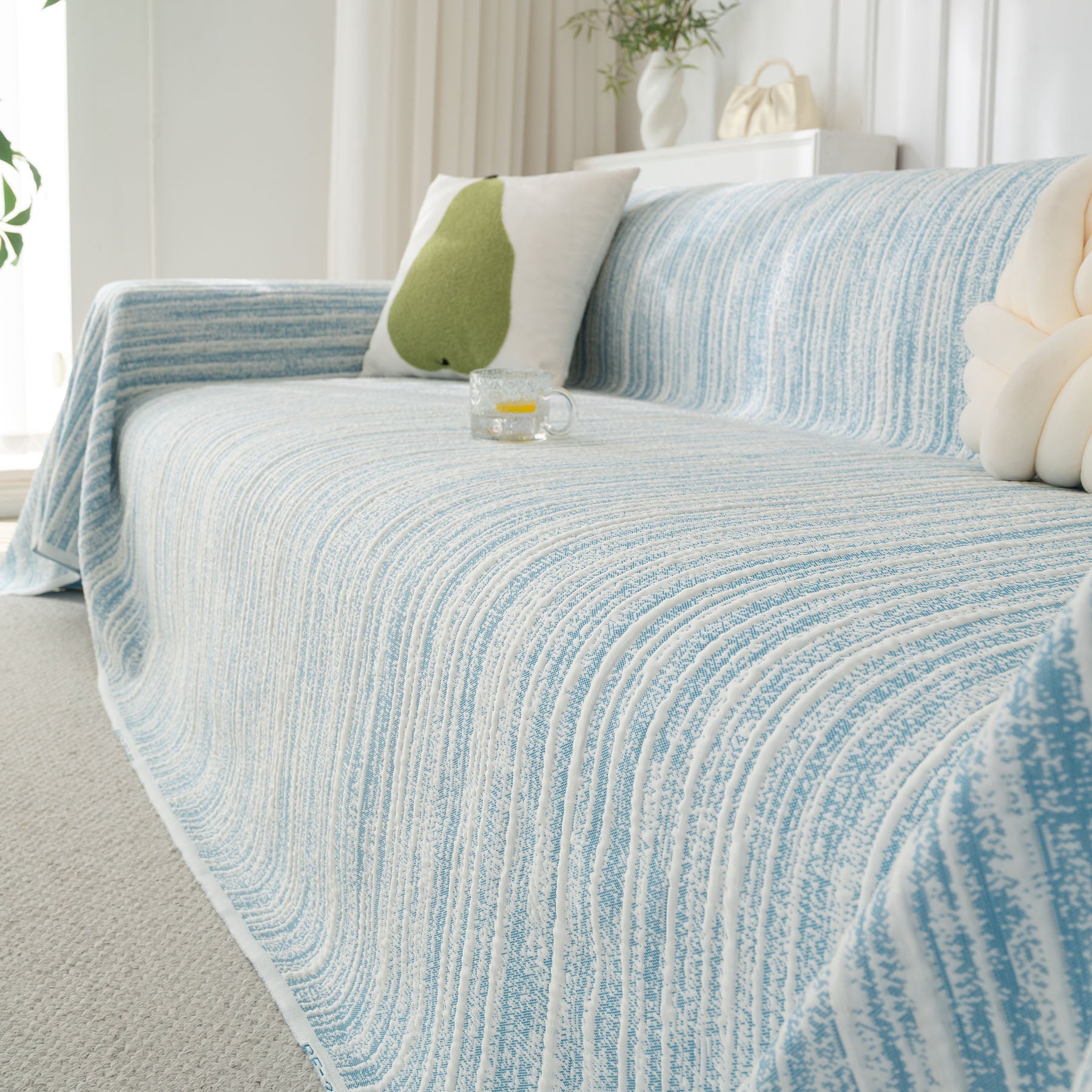 Summer Cooling Ice Silk Sofa Cover, Textured Stripe Soft Breathable Couch Throw Cover