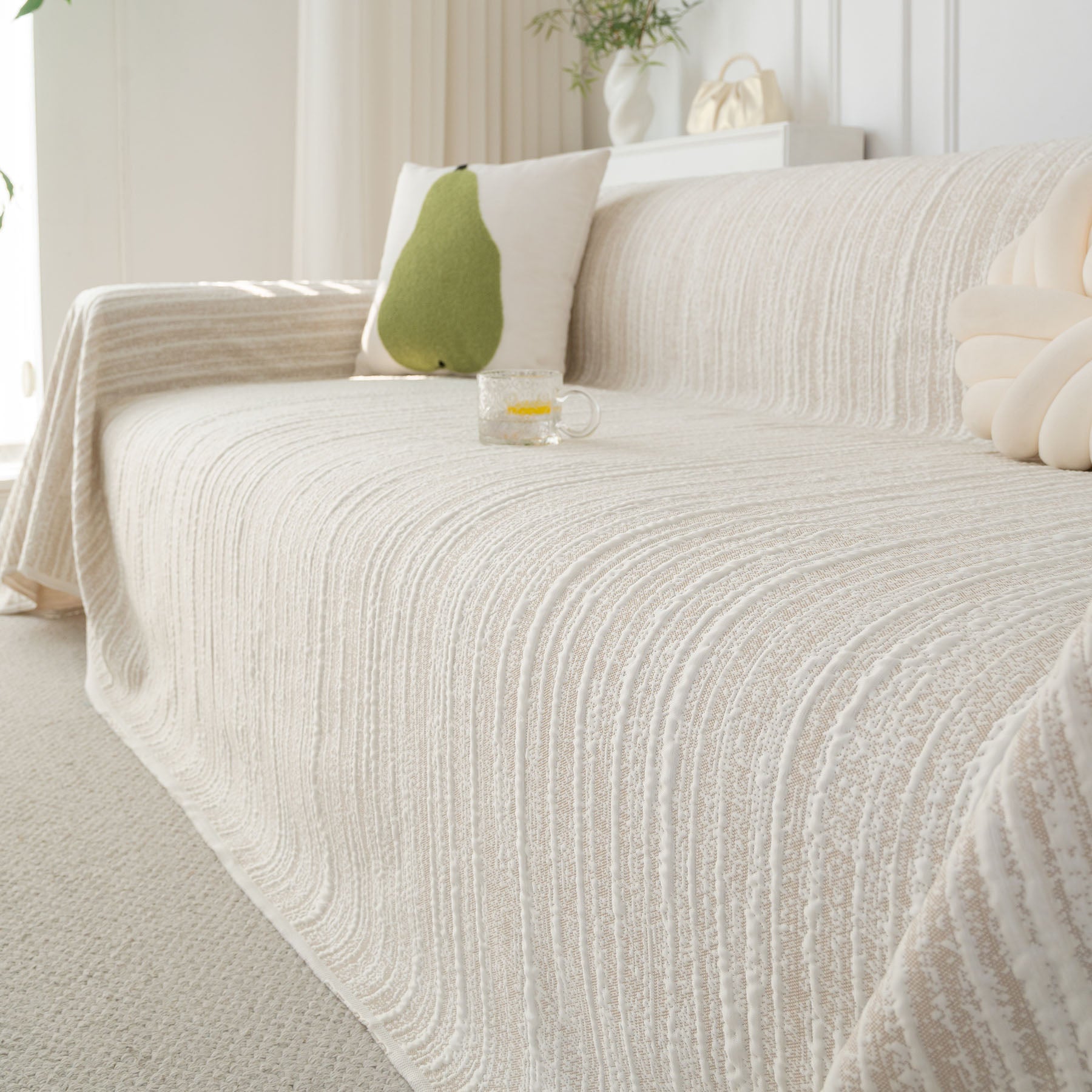 Summer Cooling Ice Silk Sofa Cover, Textured Stripe Soft Breathable Couch Throw Cover