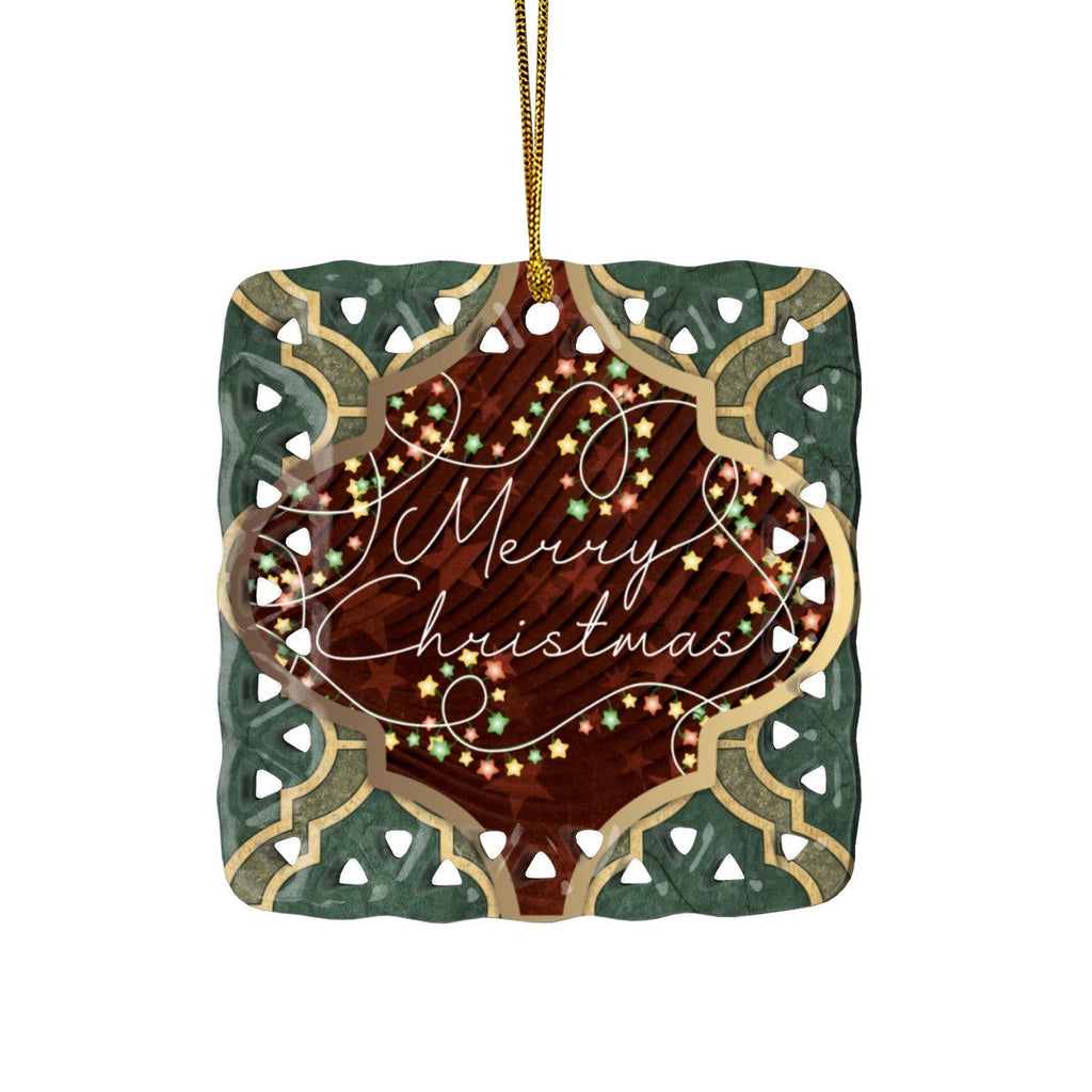 Merry Christmas Arabasque Design Square Cutout Ceramic Ornament