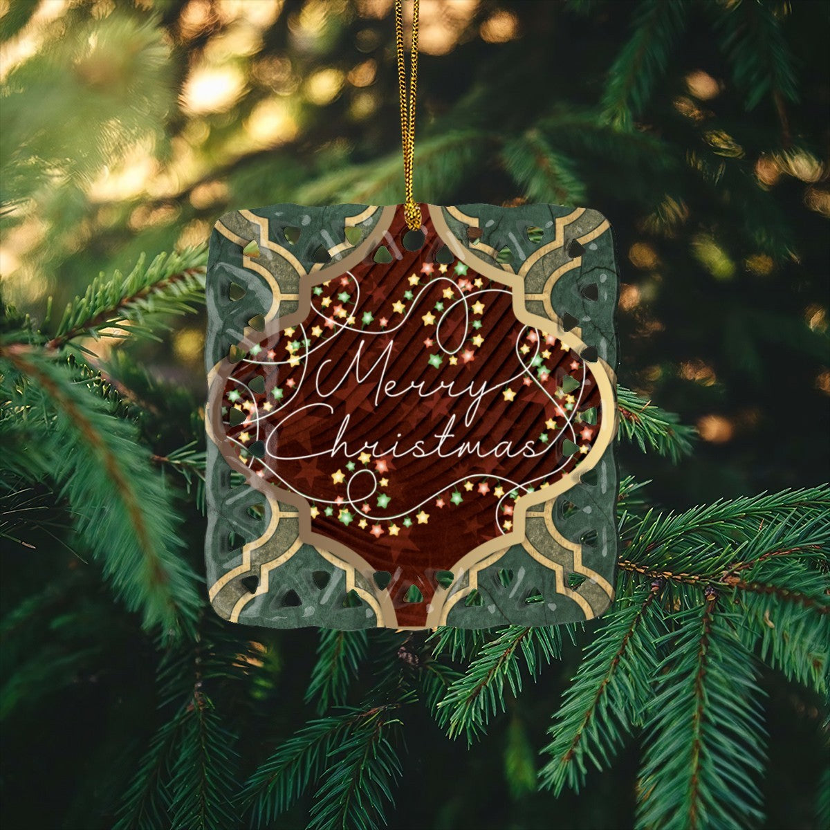 Merry Christmas Arabasque Design Square Cutout Ceramic Ornament