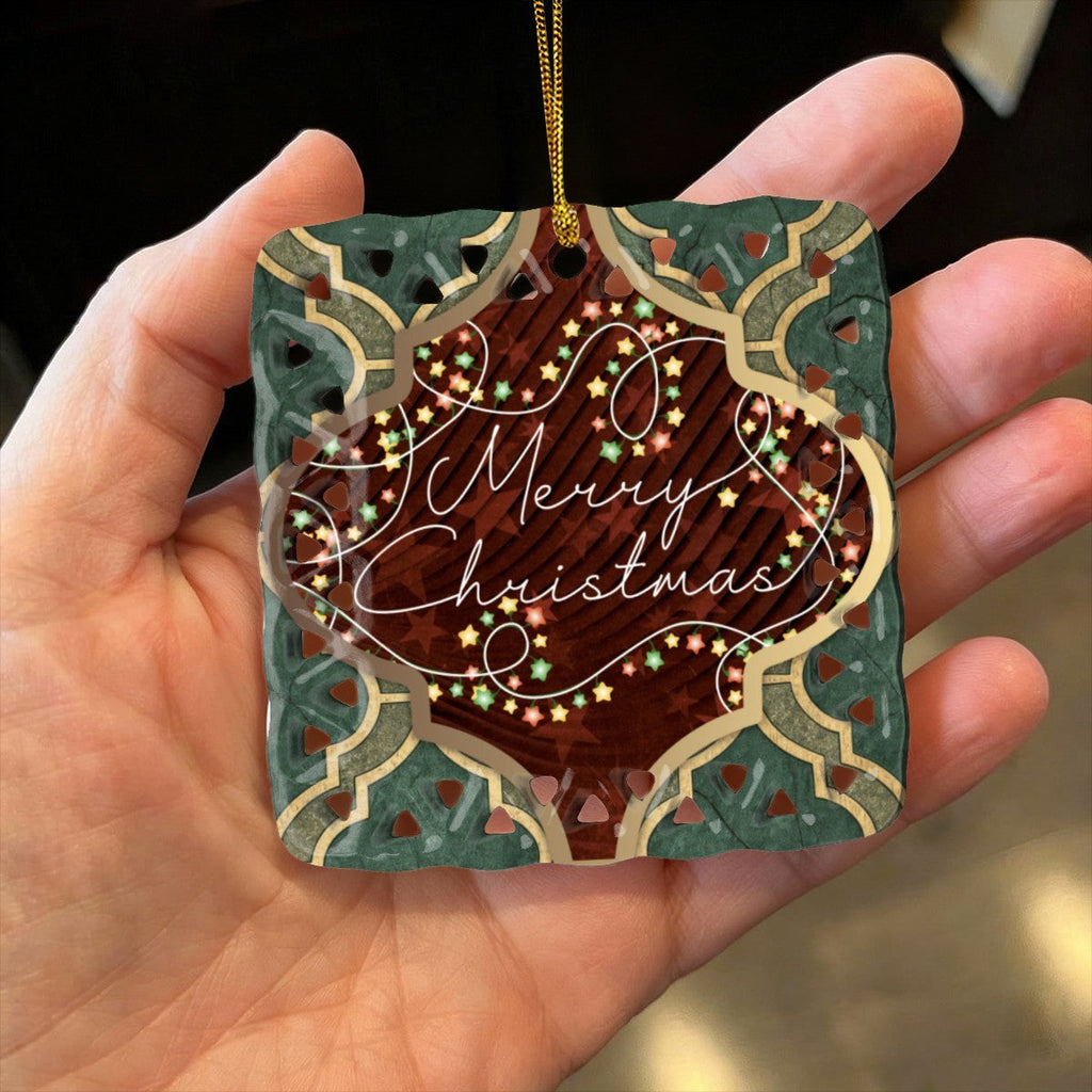 Merry Christmas Arabasque Design Square Cutout Ceramic Ornament