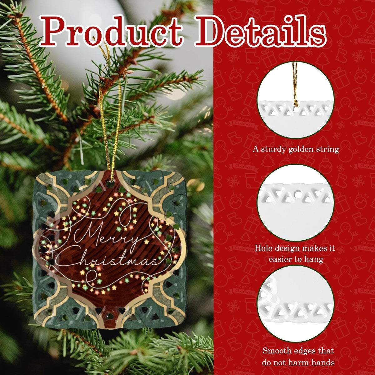 Merry Christmas Arabasque Design Square Cutout Ceramic Ornament