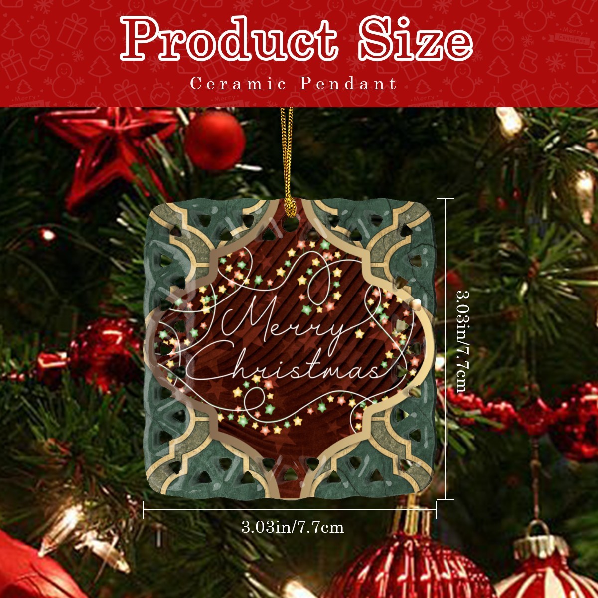 Merry Christmas Arabasque Design Square Cutout Ceramic Ornament