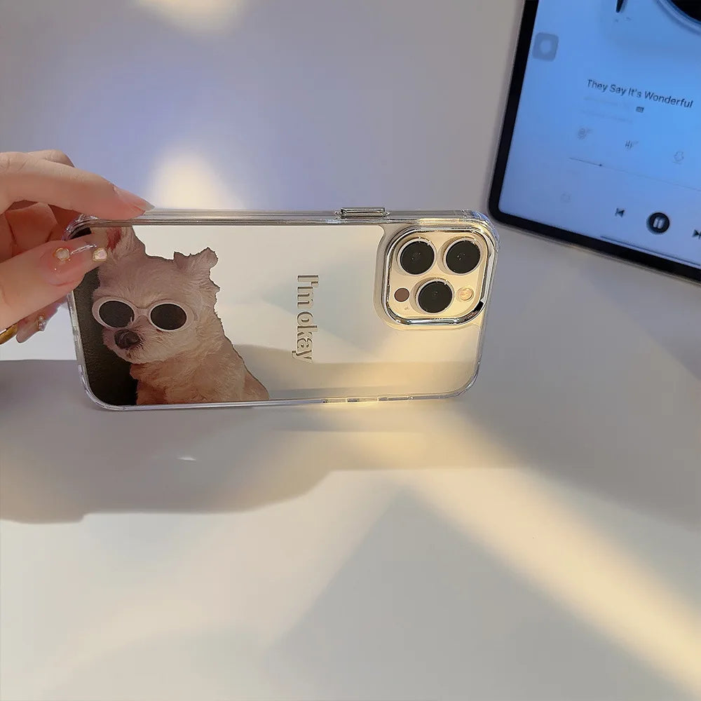 Ins Sunglass Dog Pattern Electroplated Makeup Mirror Phone Case For iPhone