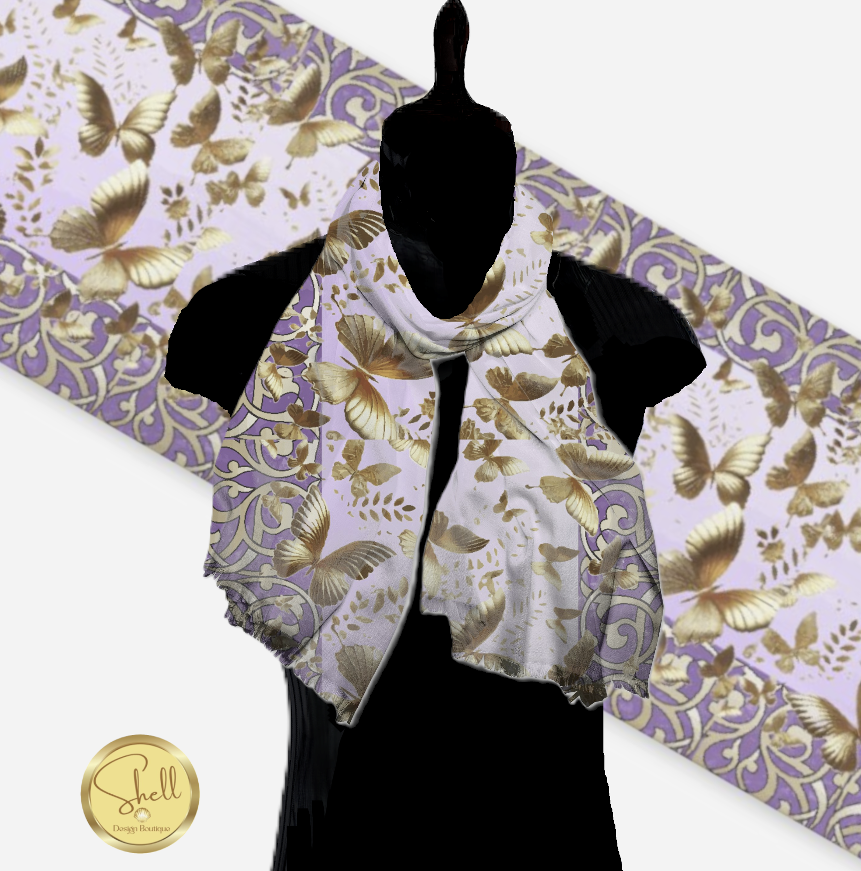 Golden Butterflies on Lavender Pashmina Scarf