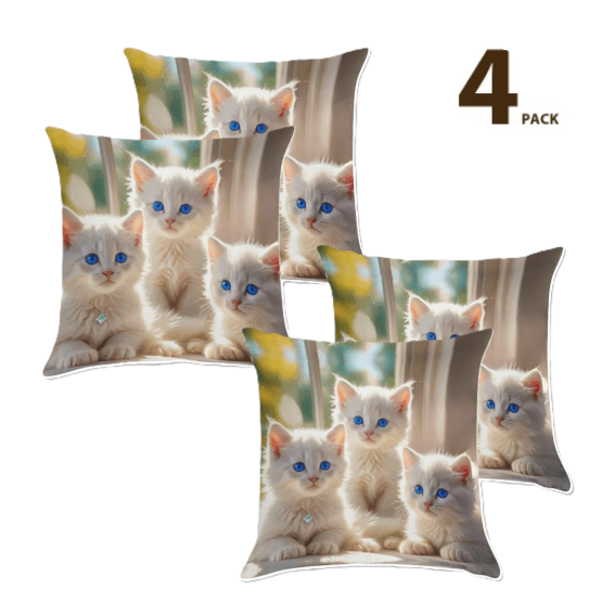 Fluffy White Kittens with Blue Eyes Ultra-Soft Pillowcases - 18"×18"