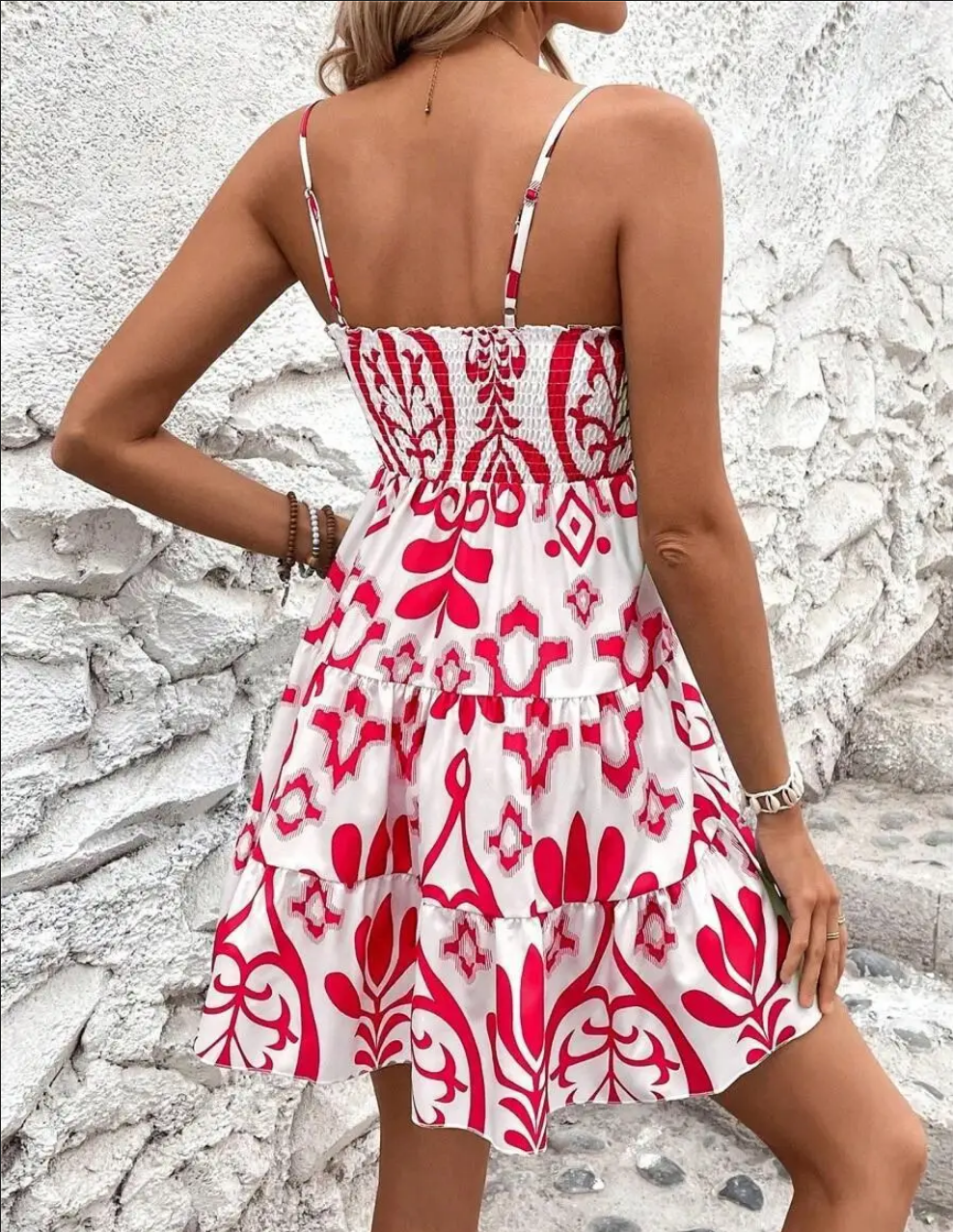 Women's Fashion White with Boho Print Shirred Mini Dress