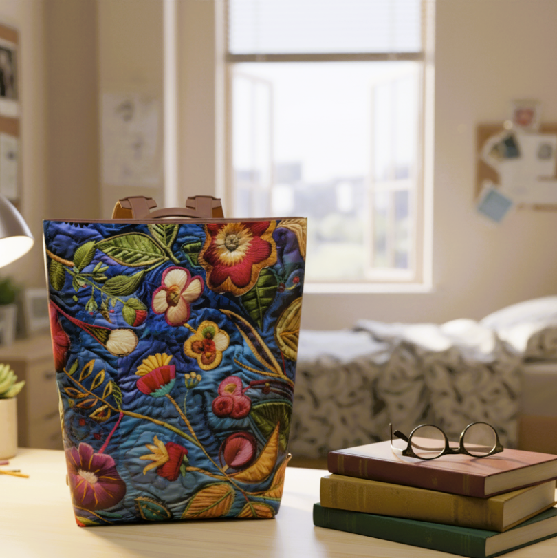 Faux Embroidered Blue Floral Pattern Vegan Leather Backpack