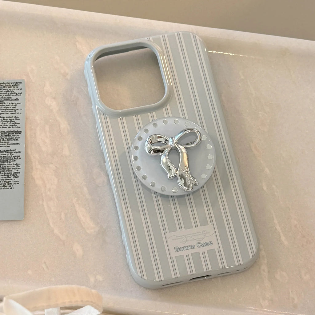 Korean Cute Blue Striped 3D Sliver Bowknot Bracket Soft Phone Case For iPhone