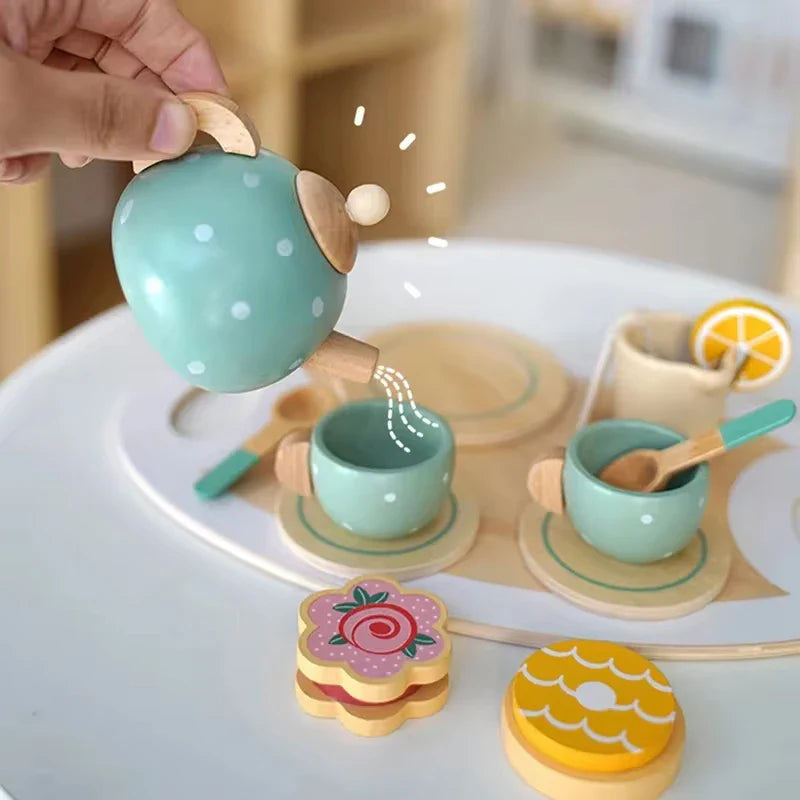 Wooden Kitchen Playset – Pretend Play Tea Set for Girls