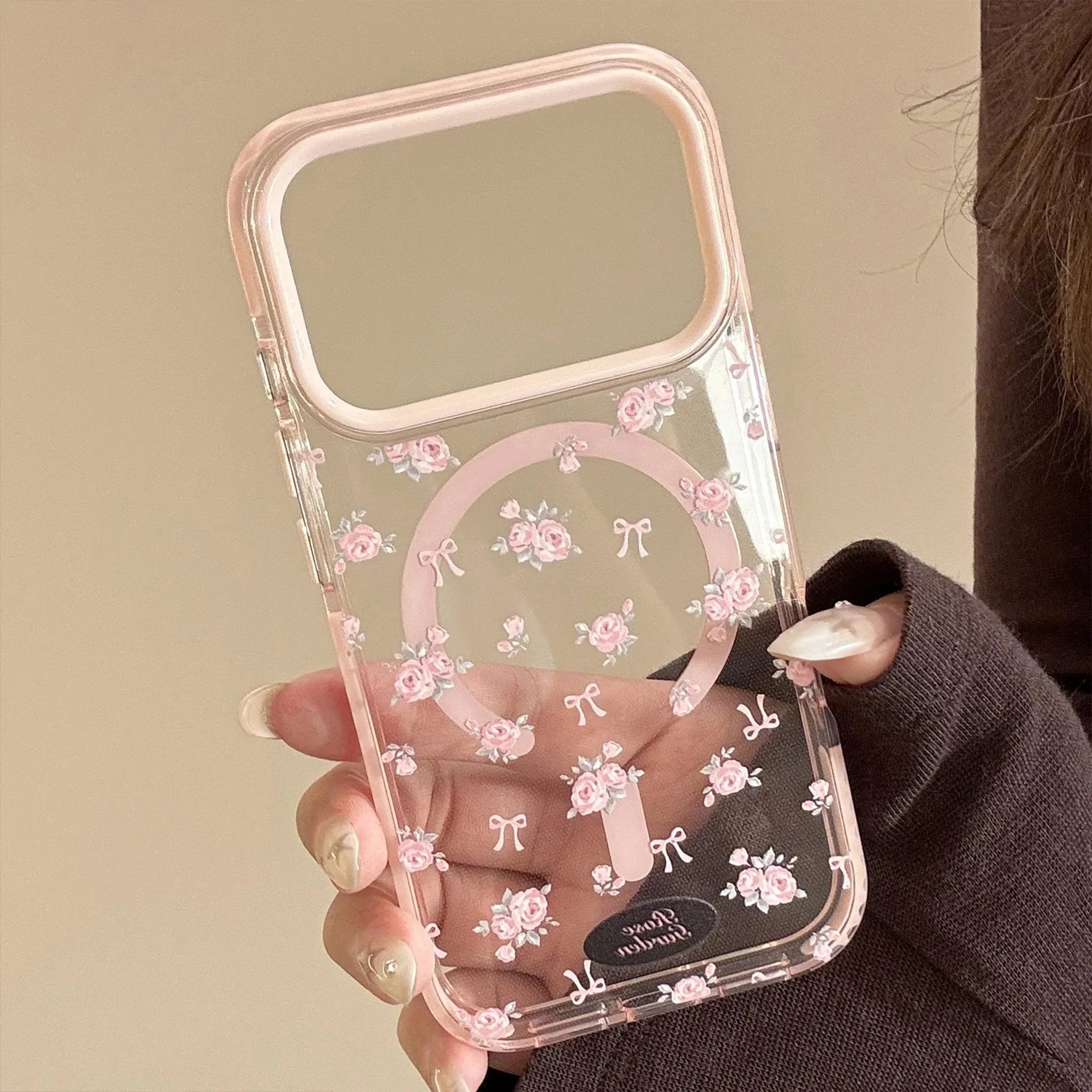 Korean Full Screen Pink Rose Flowers Magnetic Phone Case For iPhone