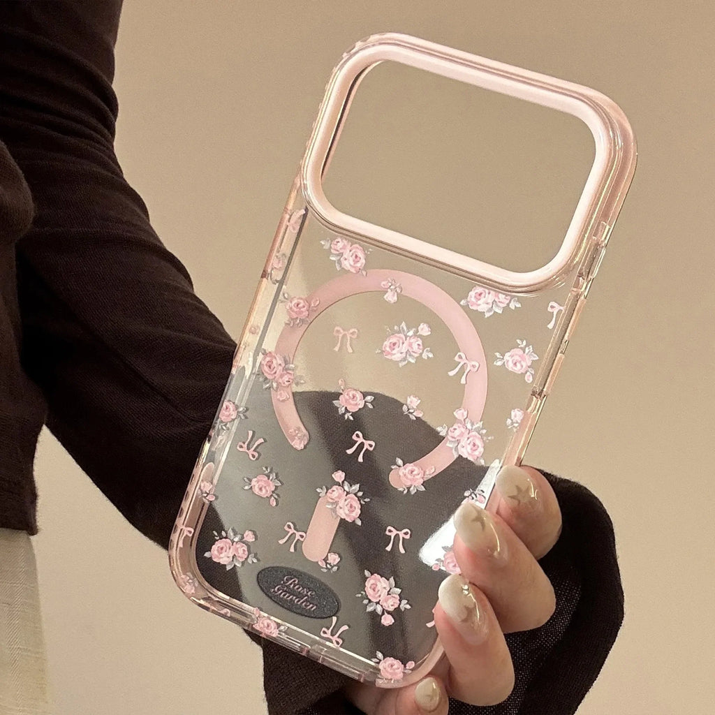 Korean Full Screen Pink Rose Flowers Magnetic Phone Case For iPhone