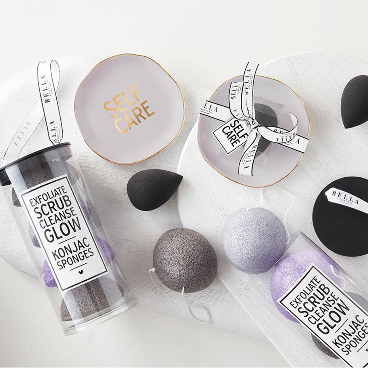 Self Care Ceramic Tray in Gray with Makeup Sponge | Cosmetic Giftable Beauty Tools Set