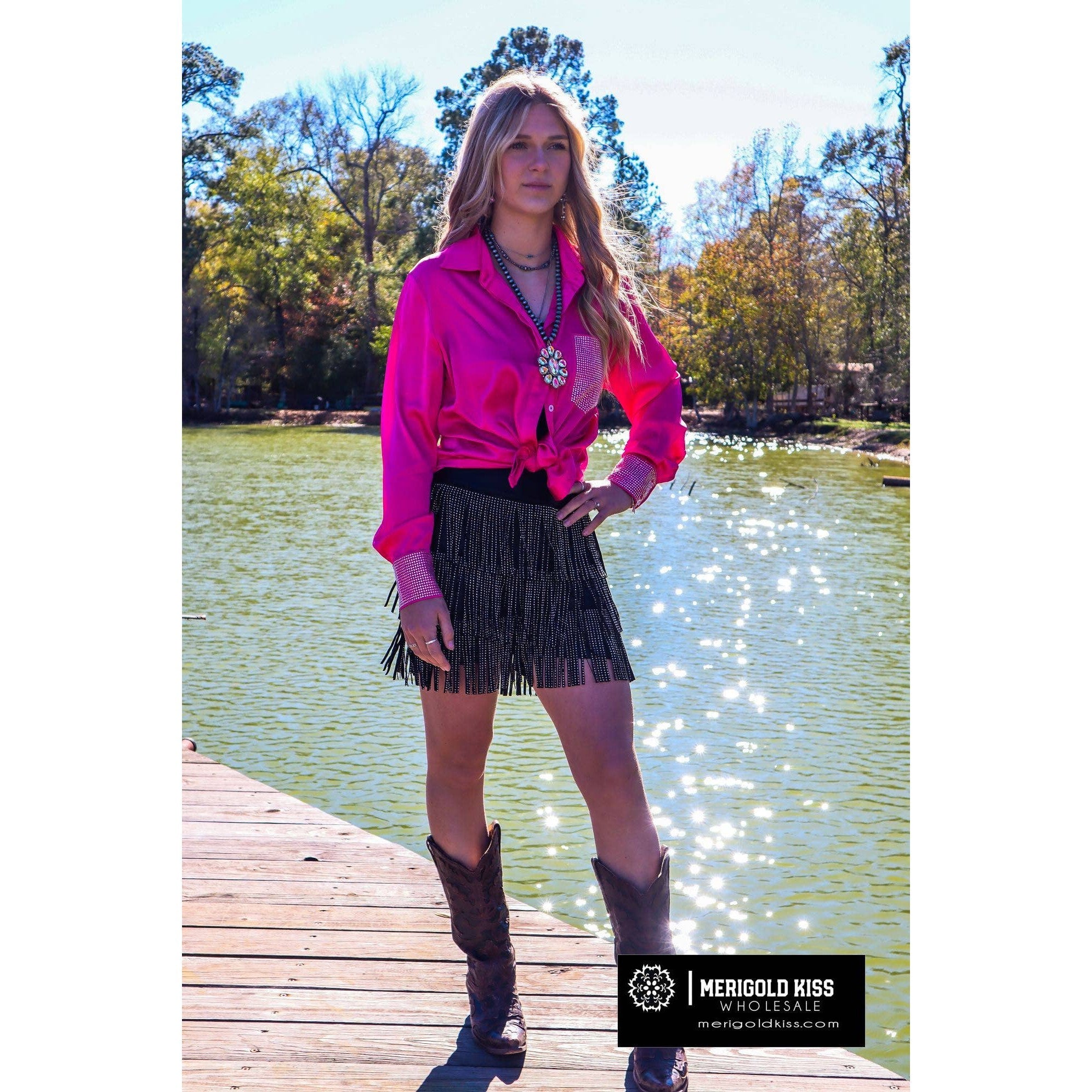 [Size 1X-3X] Dolly Duo Satin Button Up Blouse w/ Rhinestones | Western Cowgirl Plus Size Shirt