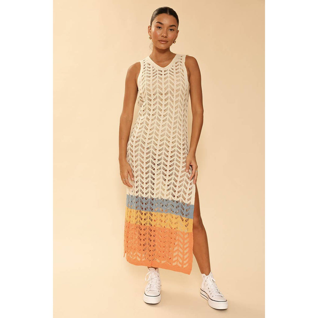 [Size XL Remaining] Cream Open Knit Color Block Cover Up | Long Swimsuit Summer Attire